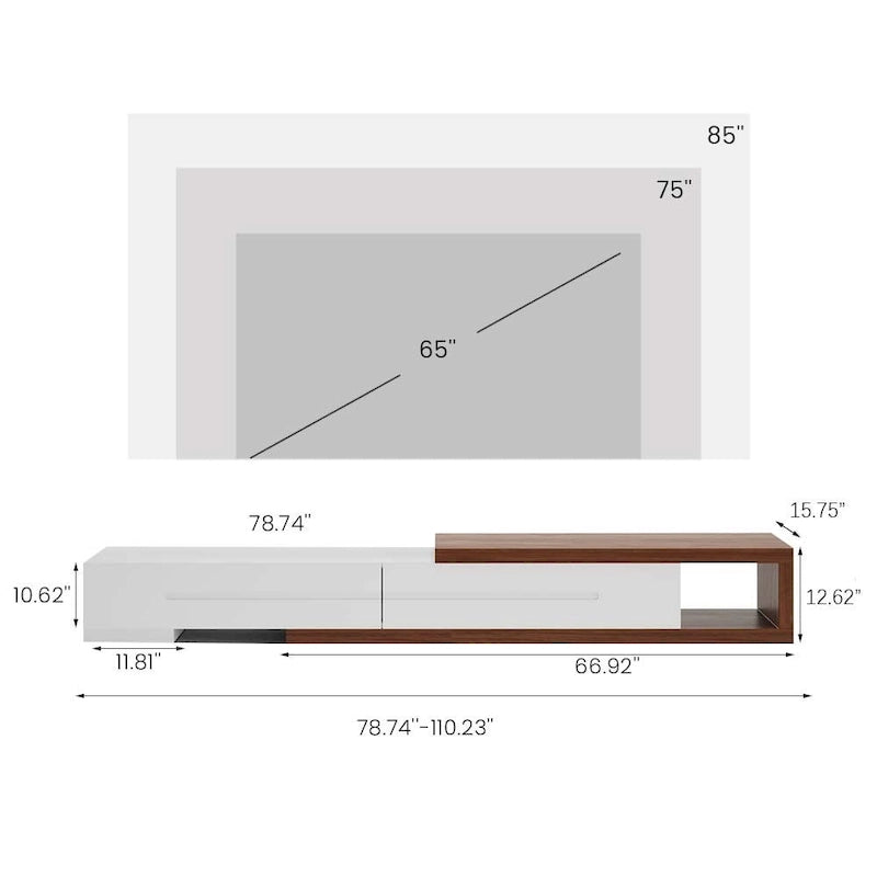 Meuble TV Moderne Extensible Blanc, Meuble TV en Bois Massif pour TV Jusqu'à 100 Pouces avec 3 Tiroirs, Entièrement Assemblé, Placage Noyer