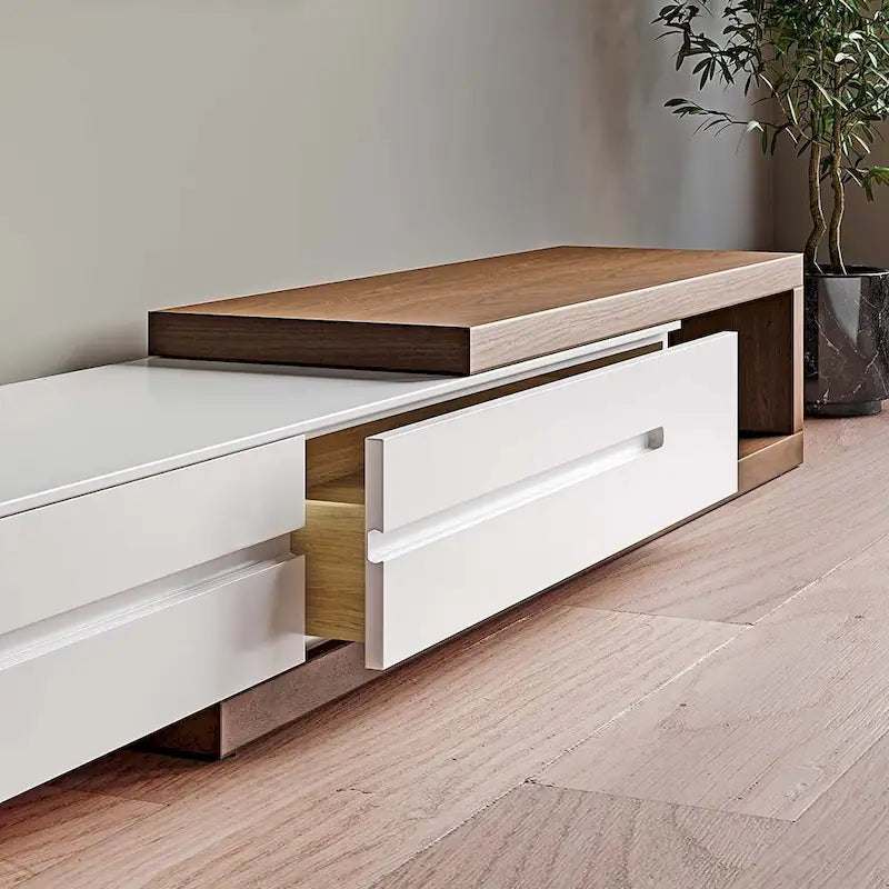 Meuble TV Moderne Extensible Blanc, Meuble TV en Bois Massif pour TV Jusqu'à 100 Pouces avec 3 Tiroirs, Entièrement Assemblé, Placage Noyer