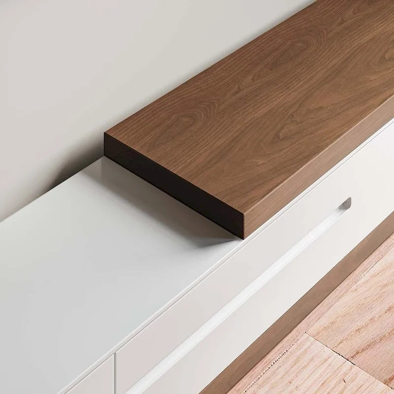 Meuble TV Moderne Extensible Blanc, Meuble TV en Bois Massif pour TV Jusqu'à 100 Pouces avec 3 Tiroirs, Entièrement Assemblé, Placage Noyer