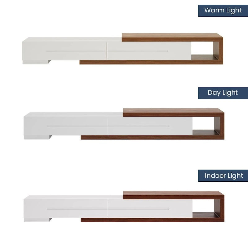 Meuble TV Moderne Extensible Blanc, Meuble TV en Bois Massif pour TV Jusqu'à 100 Pouces avec 3 Tiroirs, Entièrement Assemblé, Placage Noyer
