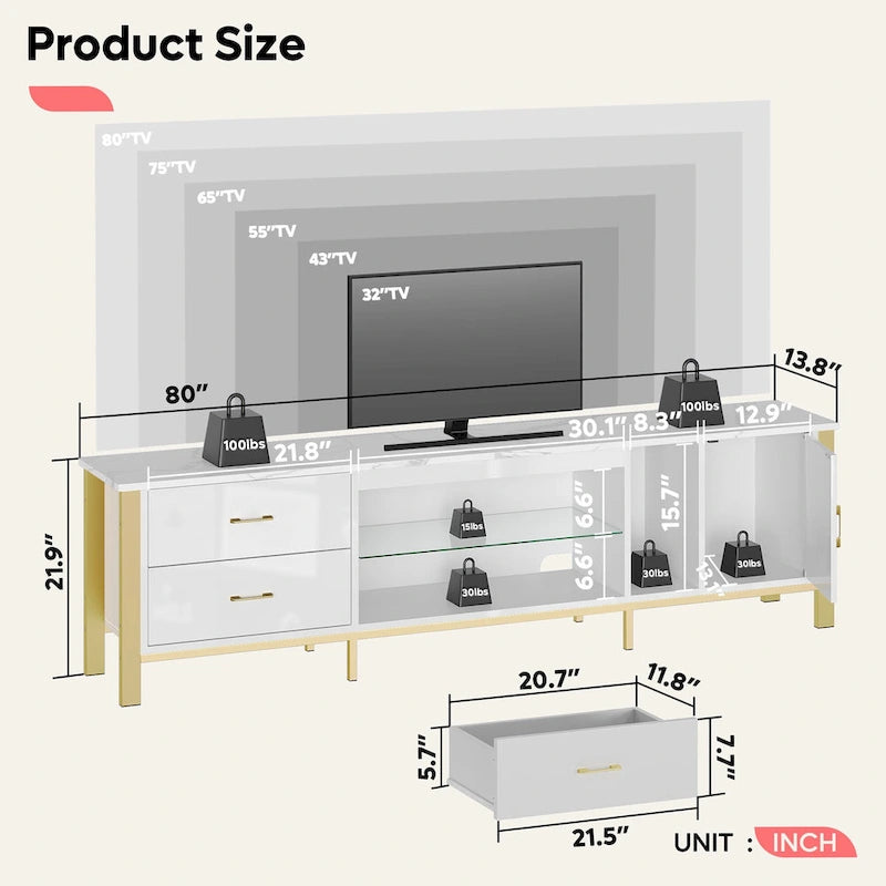 Meuble TV moderne pour téléviseurs de 75/ 80/ 85 pouces avec 2 tiroirs - 203 cm