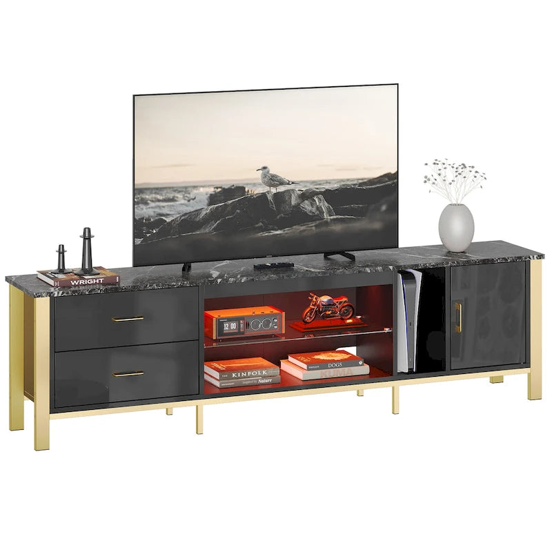 Meuble TV moderne pour téléviseurs de 75/ 80/ 85 pouces avec 2 tiroirs - 203 cm