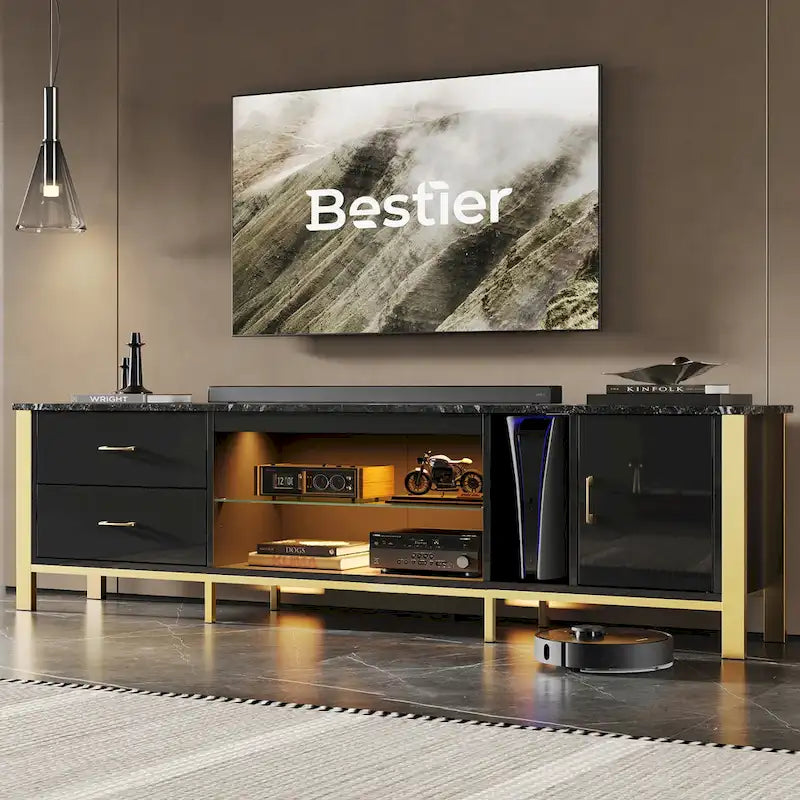 Meuble TV moderne pour téléviseurs de 75/ 80/ 85 pouces avec 2 tiroirs - 203 cm