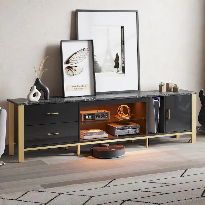 Meuble TV moderne pour téléviseurs de 75/ 80/ 85 pouces avec 2 tiroirs - 203 cm