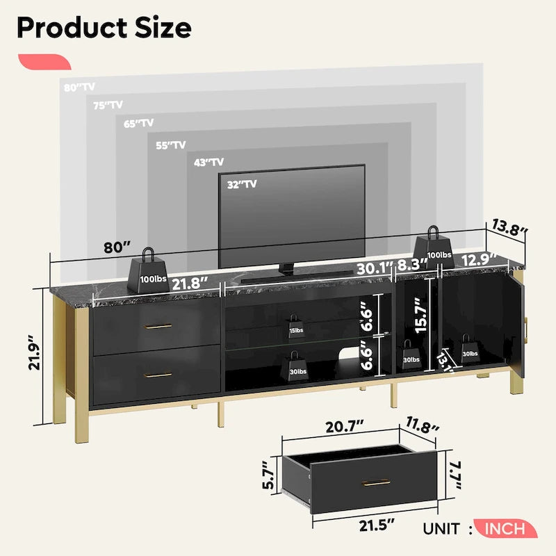 Meuble TV moderne pour téléviseurs de 75/ 80/ 85 pouces avec 2 tiroirs - 203 cm