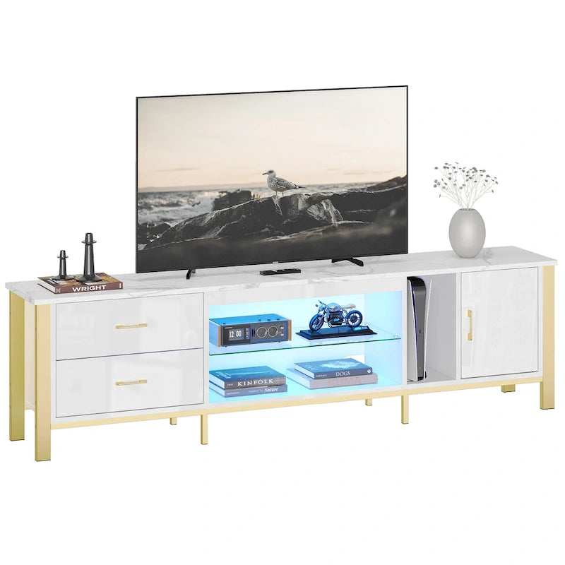 Meuble TV moderne pour téléviseurs de 75/ 80/ 85 pouces avec 2 tiroirs - 203 cm
