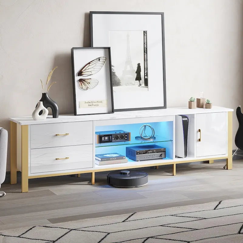 Meuble TV moderne pour téléviseurs de 75/ 80/ 85 pouces avec 2 tiroirs - 203 cm