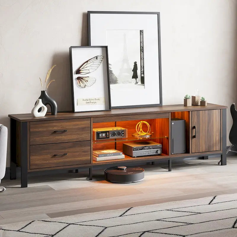 Meuble TV moderne pour téléviseurs de 75/ 80/ 85 pouces avec 2 tiroirs - 203 cm