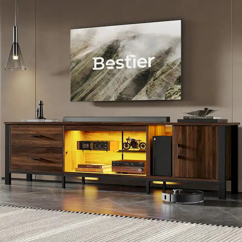 Meuble TV moderne pour téléviseurs de 75/ 80/ 85 pouces avec 2 tiroirs - 203 cm