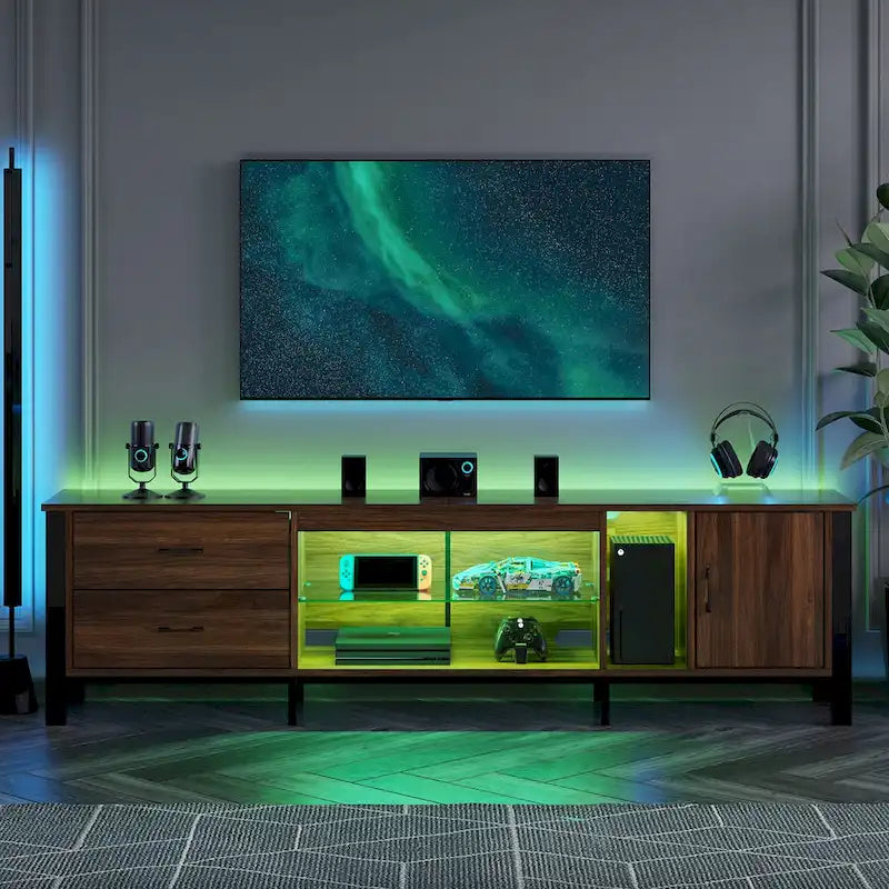 Meuble TV moderne pour téléviseurs de 75/ 80/ 85 pouces avec 2 tiroirs - 203 cm