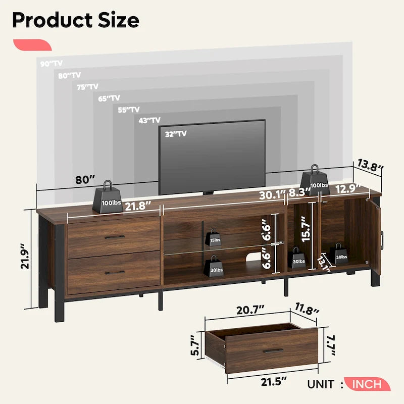 Meuble TV moderne pour téléviseurs de 75/ 80/ 85 pouces avec 2 tiroirs - 203 cm
