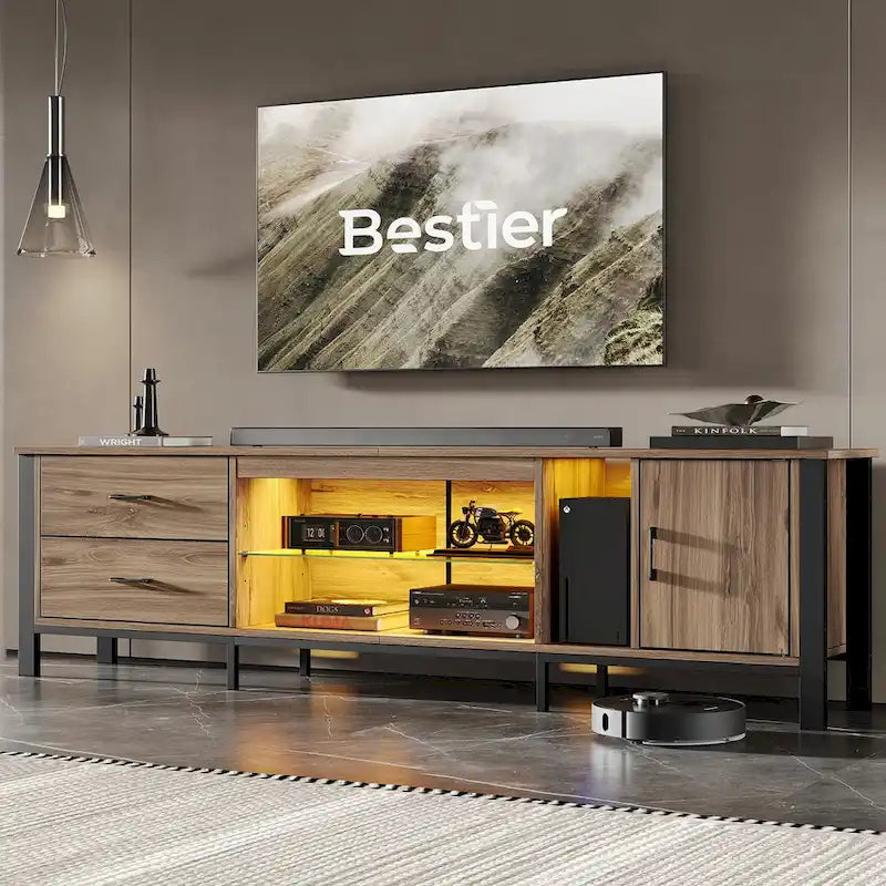 Meuble TV moderne pour téléviseurs de 75/ 80/ 85 pouces avec 2 tiroirs - 203 cm