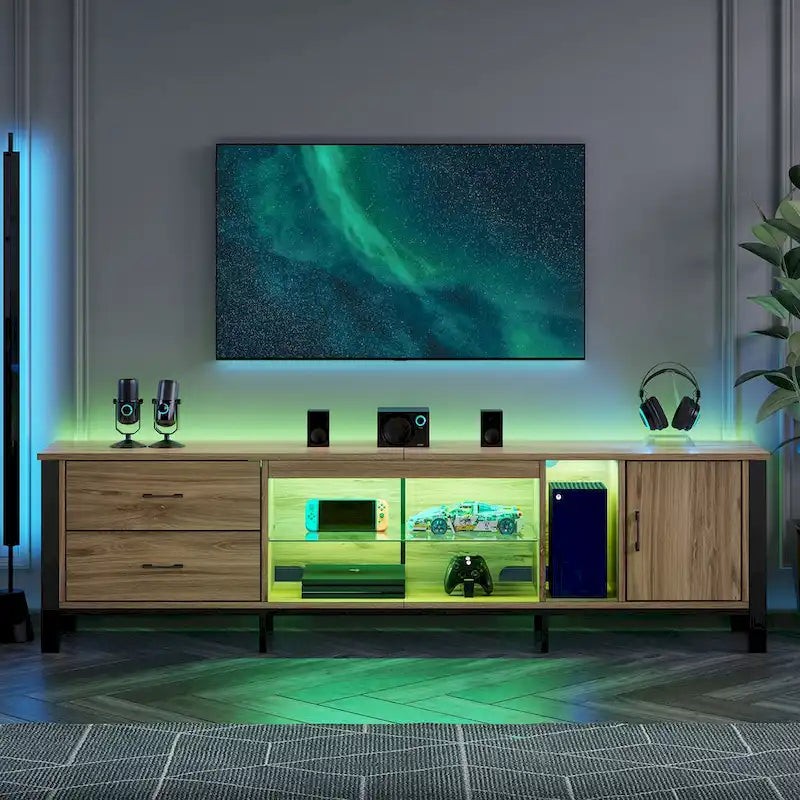 Meuble TV moderne pour téléviseurs de 75/ 80/ 85 pouces avec 2 tiroirs - 203 cm