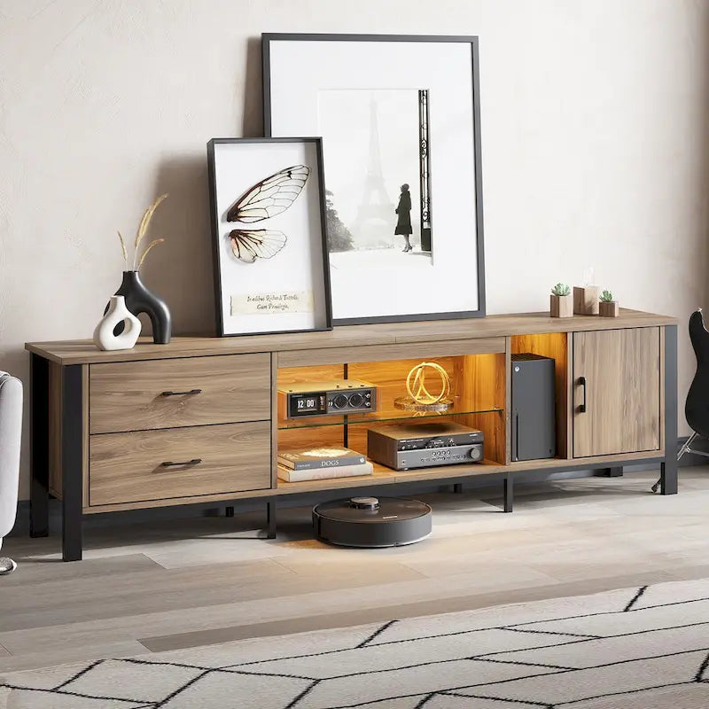 Meuble TV moderne pour téléviseurs de 75/ 80/ 85 pouces avec 2 tiroirs - 203 cm