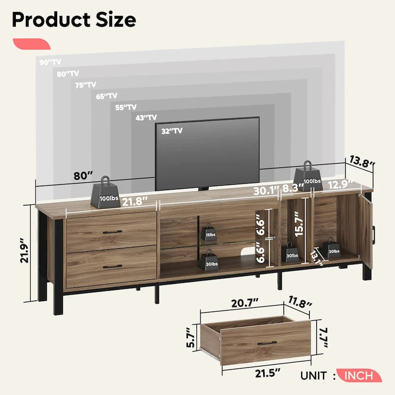 Meuble TV moderne pour téléviseurs de 75/ 80/ 85 pouces avec 2 tiroirs - 203 cm
