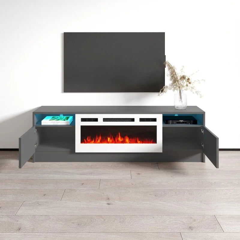 Meuble télé avec cheminée électrique Duke 01 WH-EF 63 po