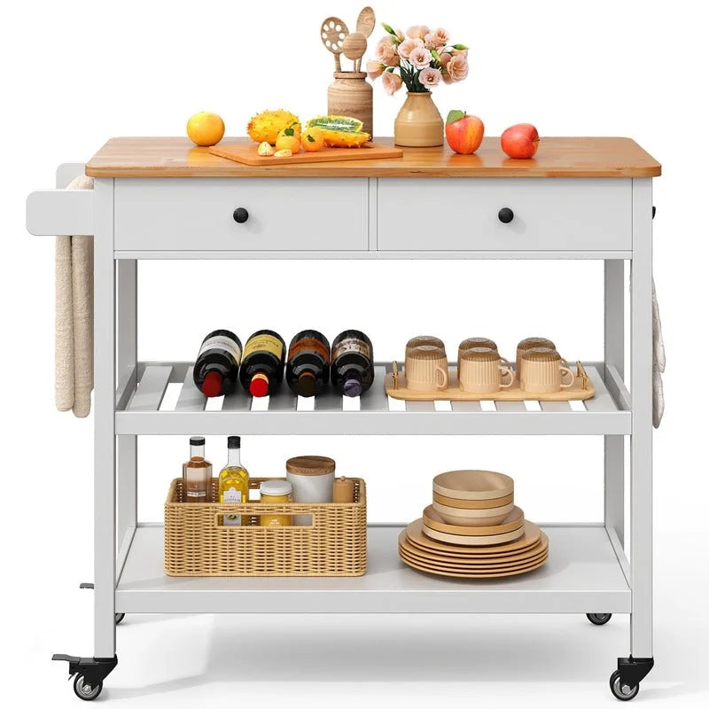Chariot de cuisine îlot, chariot de service roulant sur roulettes avec 2 tiroirs et 2 étagères de rangement ouvertes