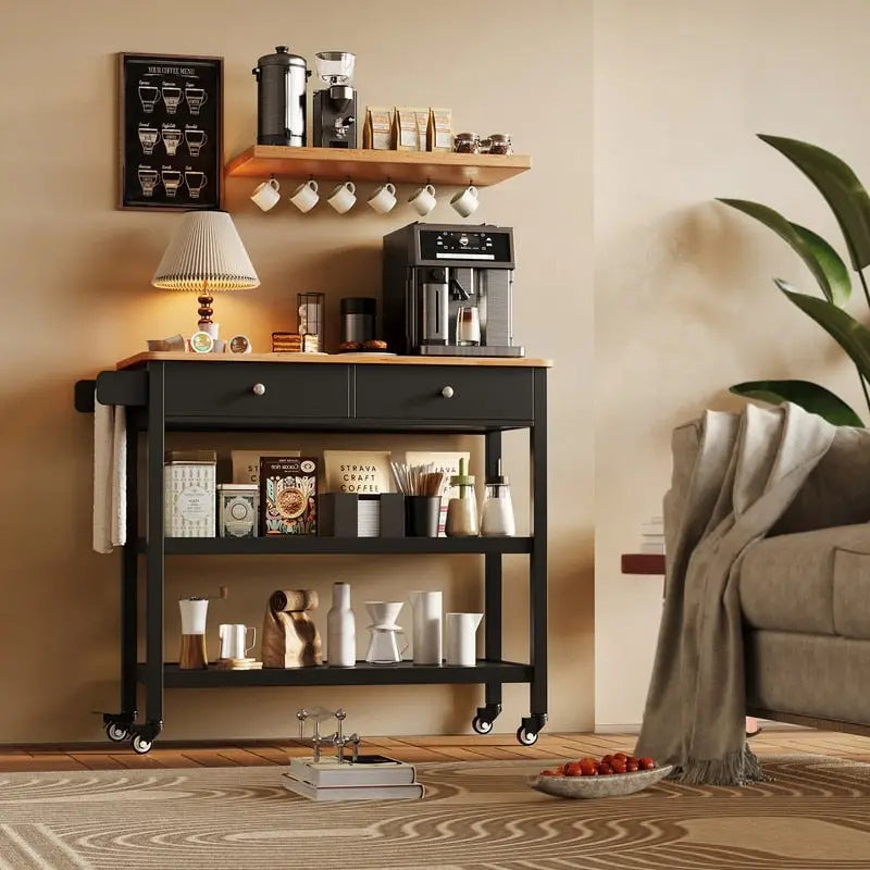 Chariot de cuisine îlot, chariot de service roulant sur roulettes avec 2 tiroirs et 2 étagères de rangement ouvertes