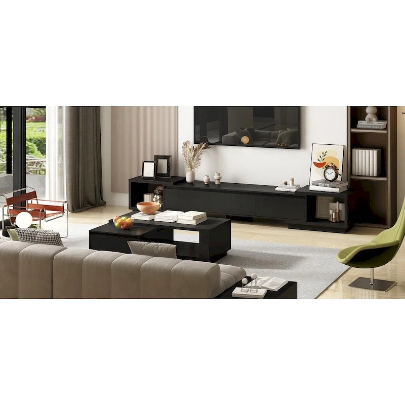Meuble TV extensible de style moderne avec 3 tiroirs Blanc/Noir 65.4-106.3