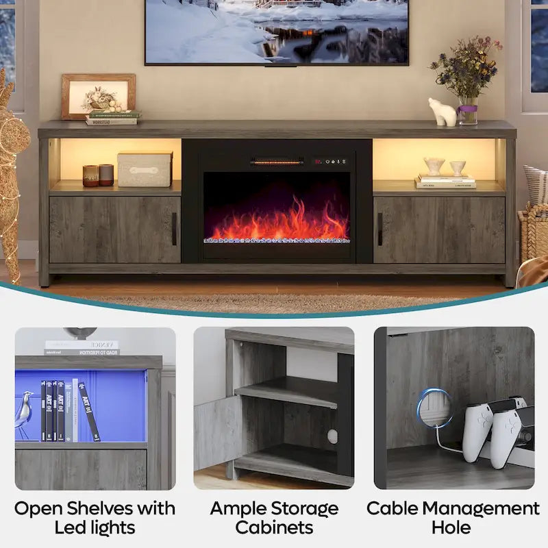 Meuble TV de 70 pouces pour téléviseurs de 75 pouces avec cheminée électrique à LED et meuble - 71 pouces