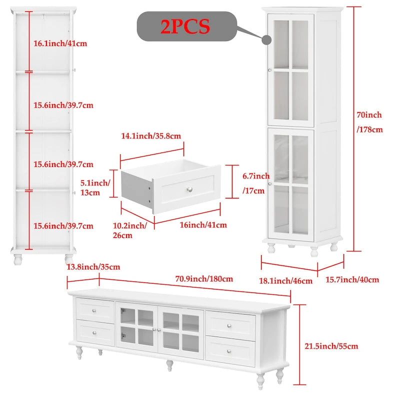 Ensemble de meubles avec rangement en verre trempé et combo meuble TV - Organisation - Meuble d'appoint+Meuble TV