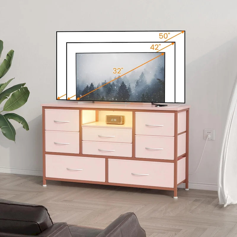 Commode TV 8 tiroirs avec prise électrique et lumières LED