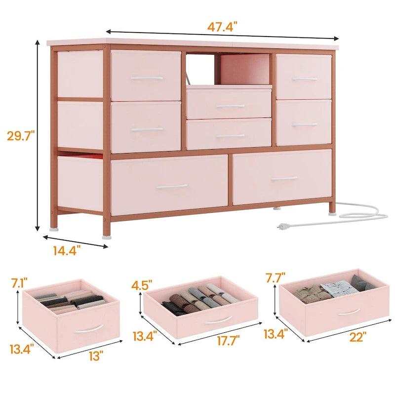 Commode TV 8 tiroirs avec prise électrique et lumières LED