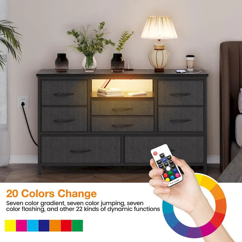 Commode TV 8 tiroirs avec prise électrique et lumières LED