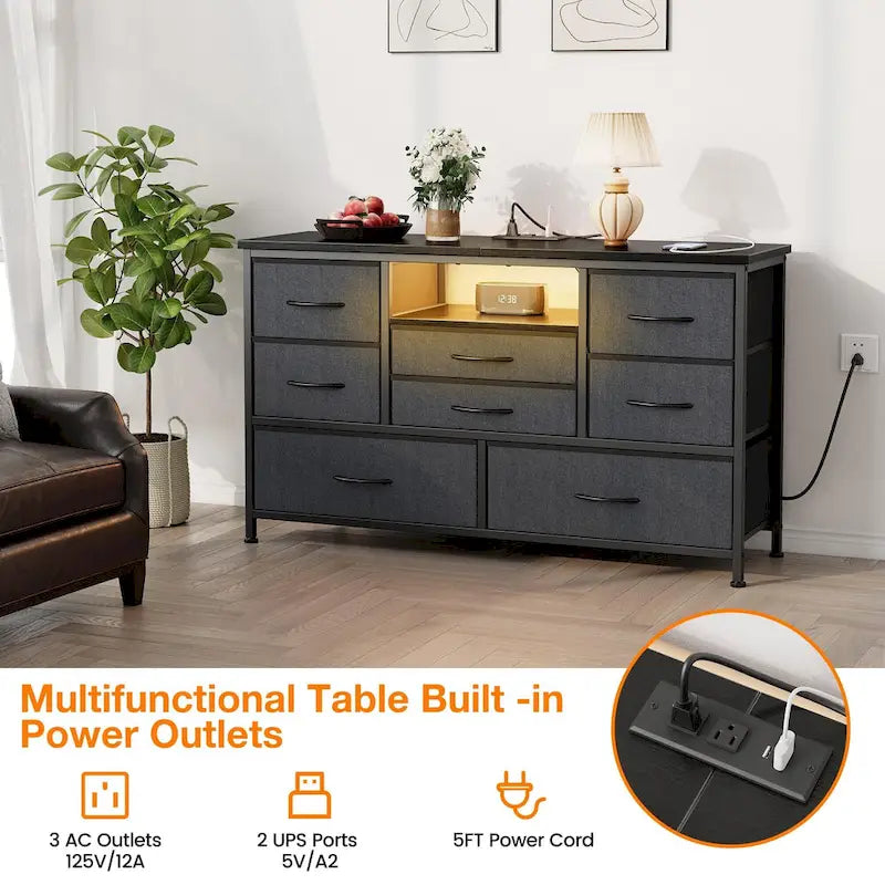 Commode TV 8 tiroirs avec prise électrique et lumières LED