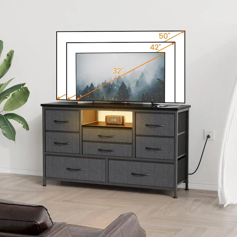 Commode TV 8 tiroirs avec prise électrique et lumières LED
