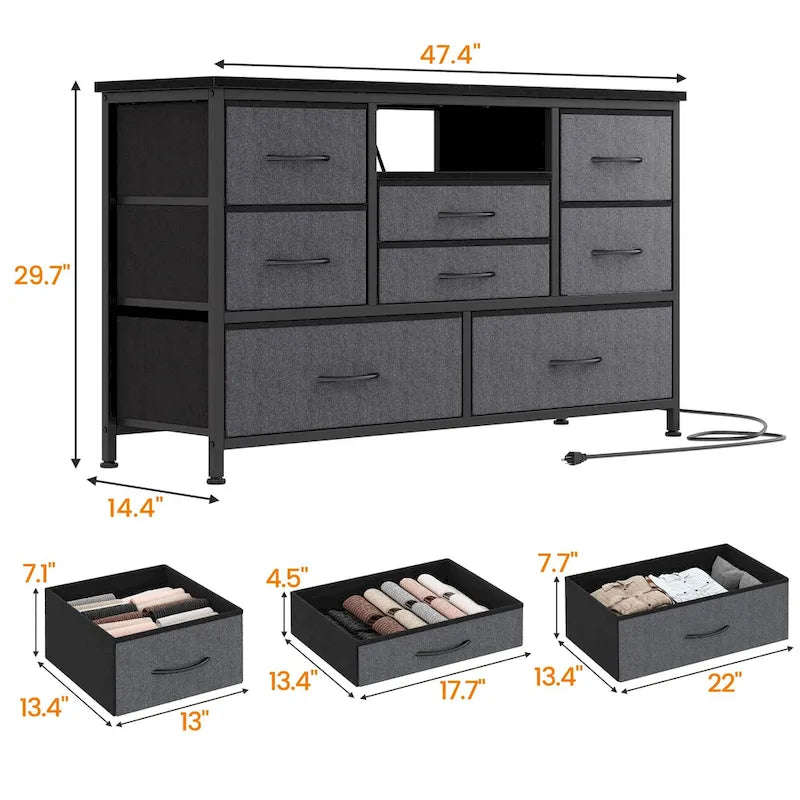 Commode TV 8 tiroirs avec prise électrique et lumières LED