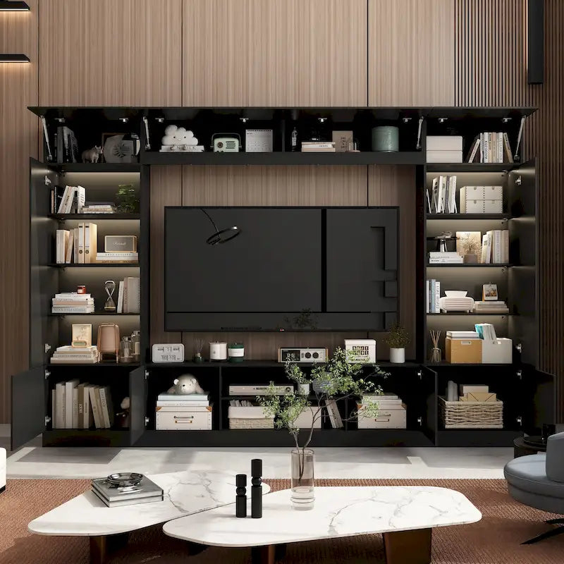 Meuble TV mural avec étagères pour téléviseurs jusqu'à 70 pouces, Console moderne