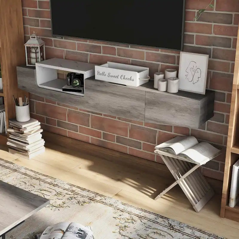 Meuble TV flottant contemporain DH BASIC de 63 po avec 1 tablette, tiroir et espace de rangement à couvercle relevable Denhour