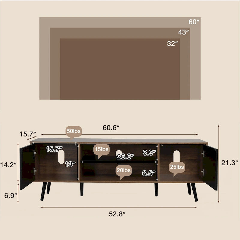 Meuble TV moderne du milieu du siècle AVAWING pour téléviseur de 60 pouces avec rangement et étagère ouverte