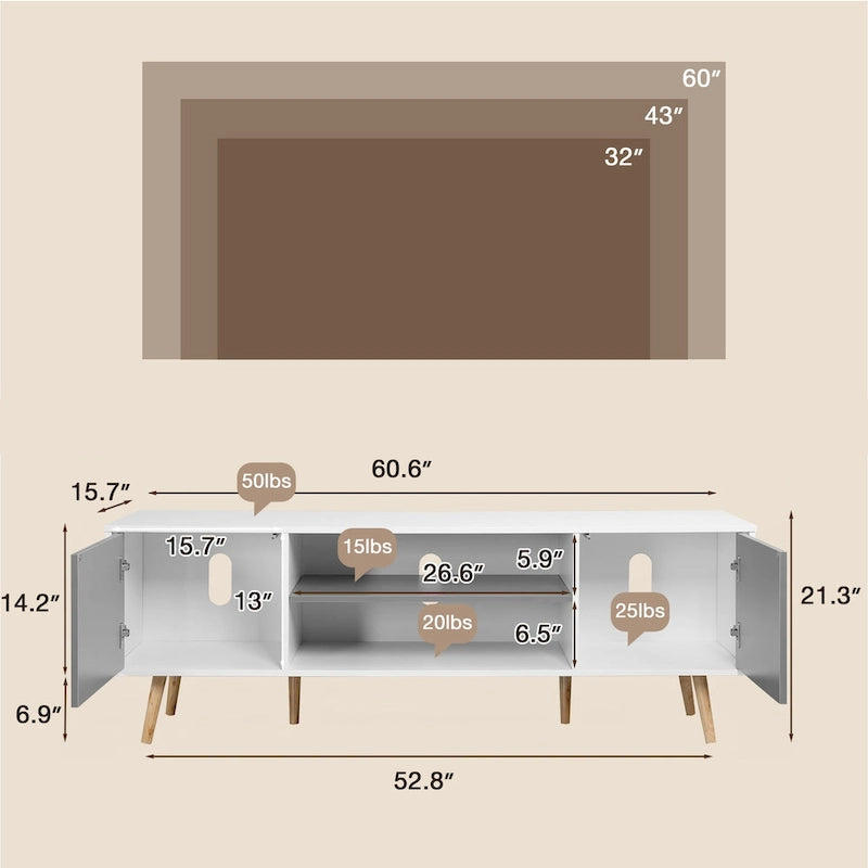 Meuble TV moderne du milieu du siècle AVAWING pour téléviseur de 60 pouces avec rangement et étagère ouverte