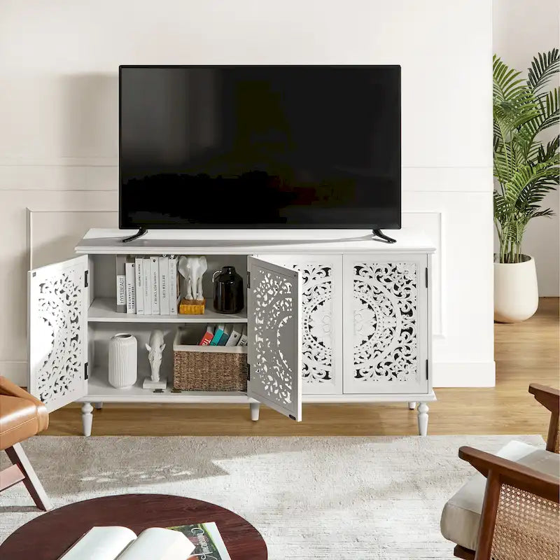 Meuble TV Ismenides traditionnel sculpté avec éclairage intégré et rangement de HULALA HOME