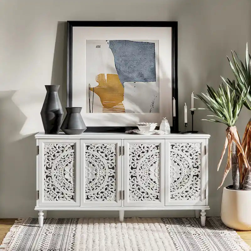 Meuble TV Ismenides traditionnel sculpté avec éclairage intégré et rangement de HULALA HOME