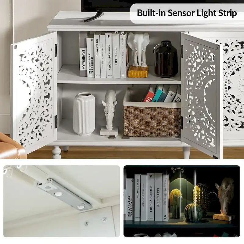 Meuble TV Ismenides traditionnel sculpté avec éclairage intégré et rangement de HULALA HOME