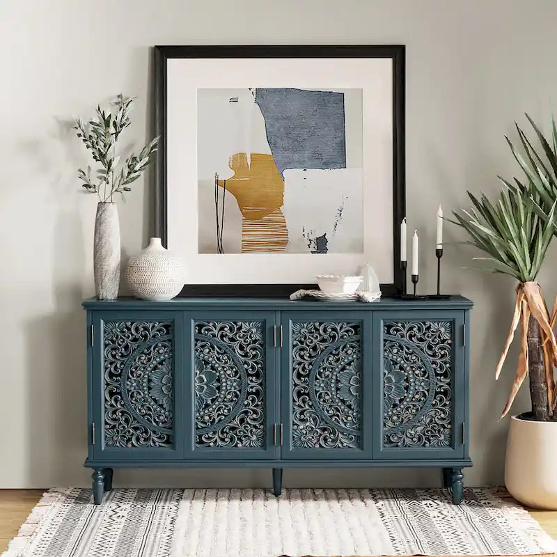 Meuble TV Ismenides traditionnel sculpté avec éclairage intégré et rangement de HULALA HOME
