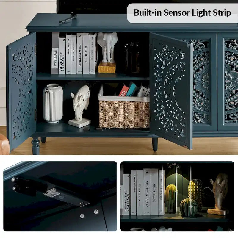 Meuble TV Ismenides traditionnel sculpté avec éclairage intégré et rangement de HULALA HOME