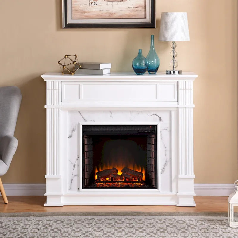 Cheminée électrique Occom SEI Furniture avec manteau en faux marbre et rangement média
