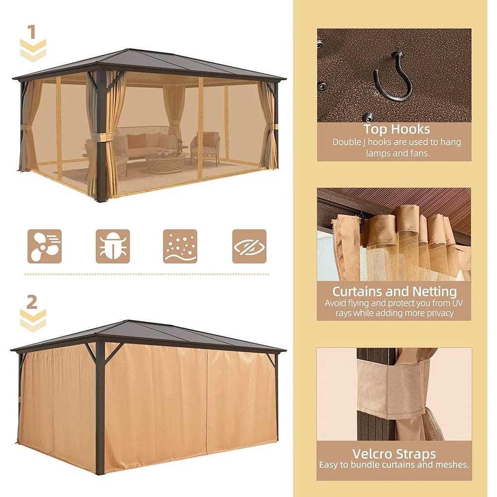 Tonnelle EROMMY à toit rigide, pergola extérieure avec double toit, moustiquaire et rideaux, auvent robuste pour patio, jardin, fête au bord de la piscine