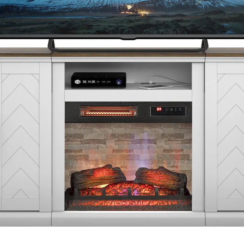 Meuble TV pour téléviseurs jusqu'à 80 pouces avec cheminée électrique et ports de chargement USB