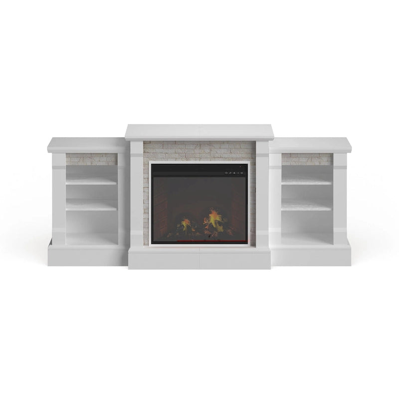 Cheminée électrique à LED avec télécommande, meuble-cheminée en pierre blanche et rangement SEI Furniture
