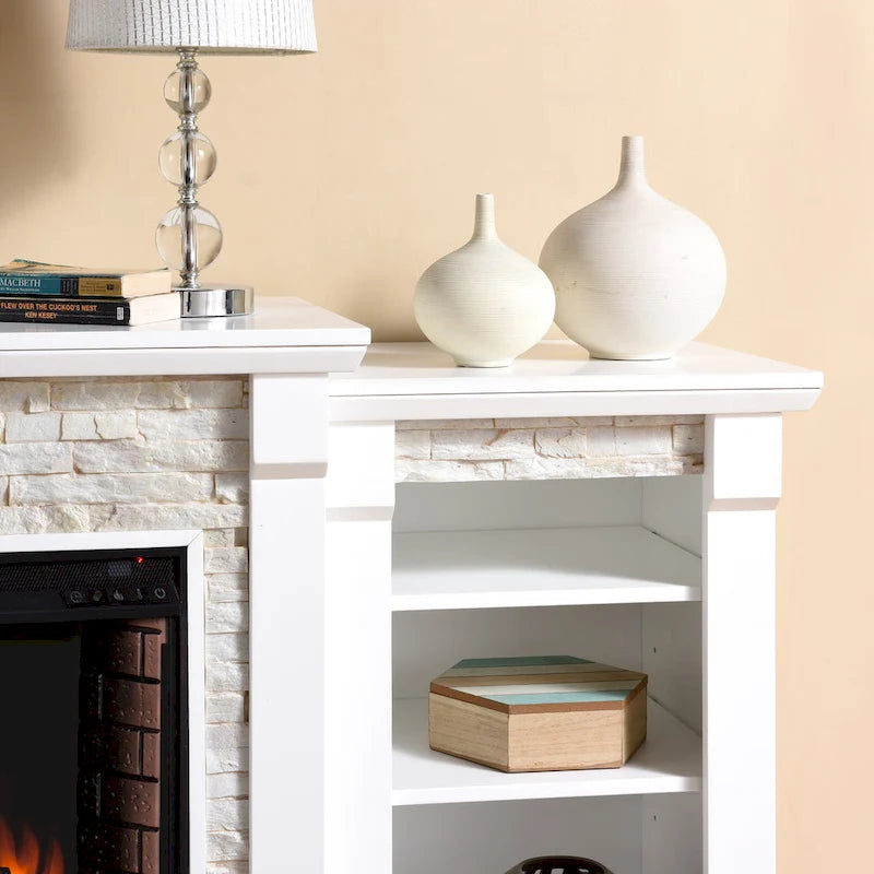 Cheminée électrique à LED avec télécommande, meuble-cheminée en pierre blanche et rangement SEI Furniture