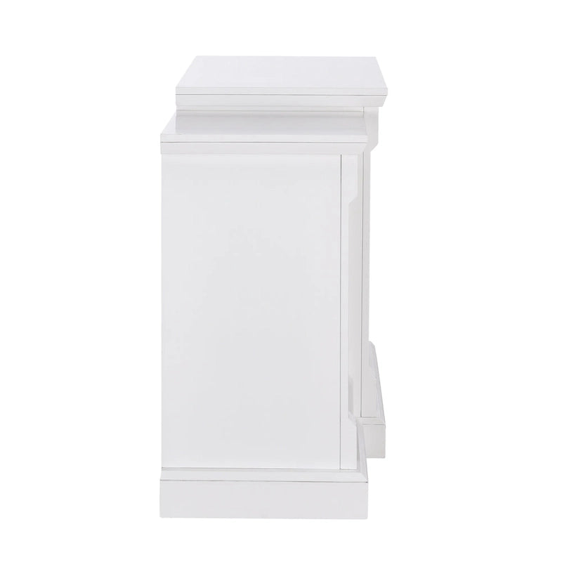 Cheminée électrique à LED avec télécommande, meuble-cheminée en pierre blanche et rangement SEI Furniture