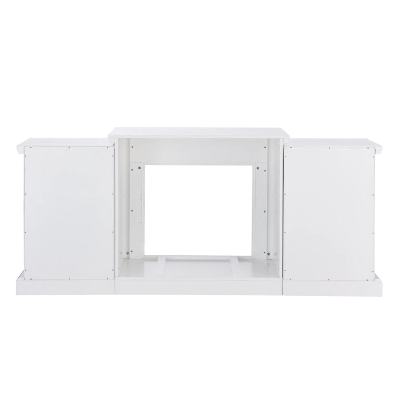 Cheminée électrique à LED avec télécommande, meuble-cheminée en pierre blanche et rangement SEI Furniture