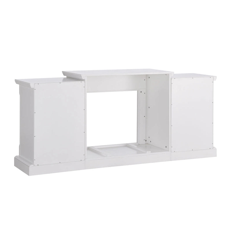 Cheminée électrique à LED avec télécommande, meuble-cheminée en pierre blanche et rangement SEI Furniture