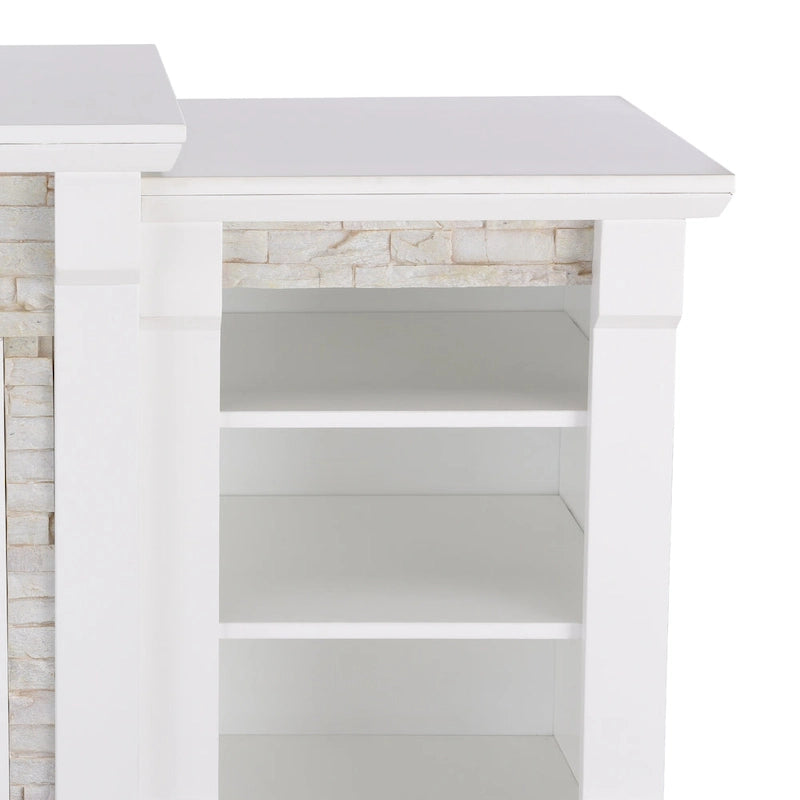 Cheminée électrique à LED avec télécommande, meuble-cheminée en pierre blanche et rangement SEI Furniture