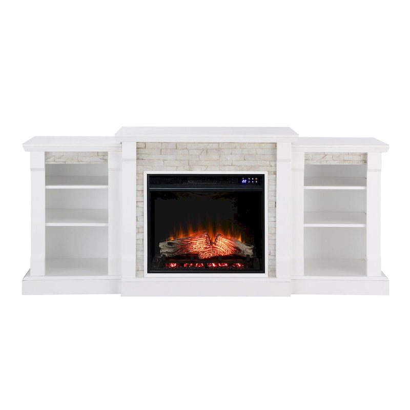 Cheminée électrique à LED avec télécommande, meuble-cheminée en pierre blanche et rangement SEI Furniture